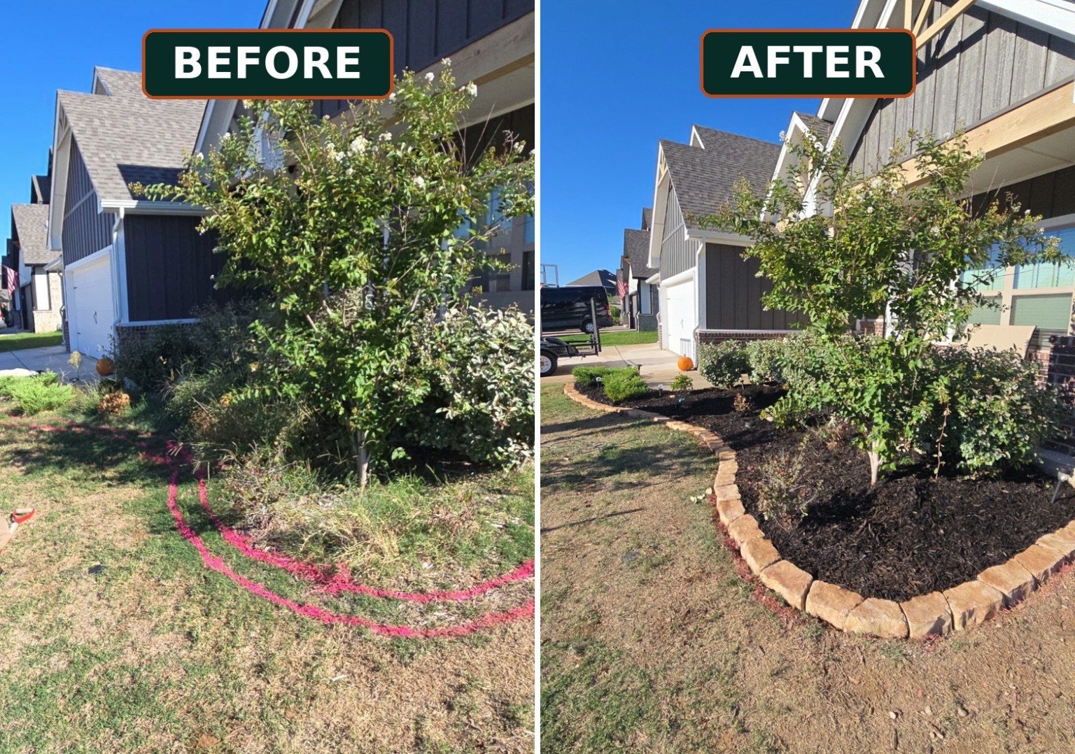 Before and after: overgrown front landscape bed cleaned up with fresh dark mulch and a curved stone border